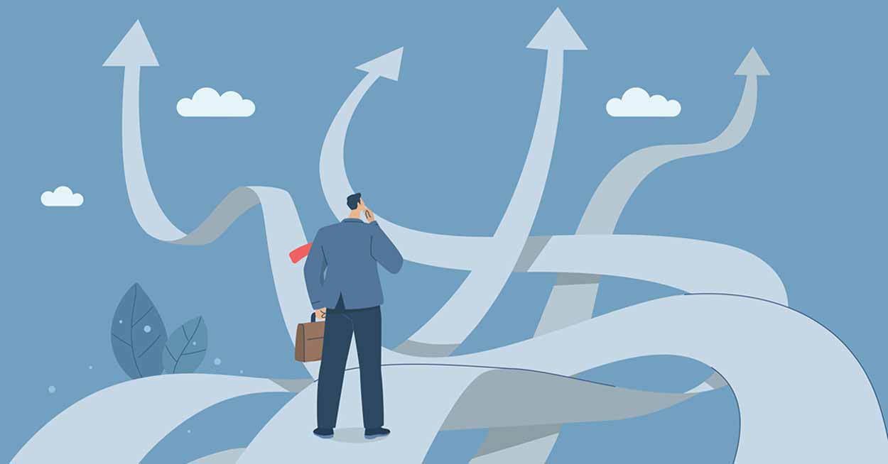 Clip art of a man looking at multiple branching paths of arrows