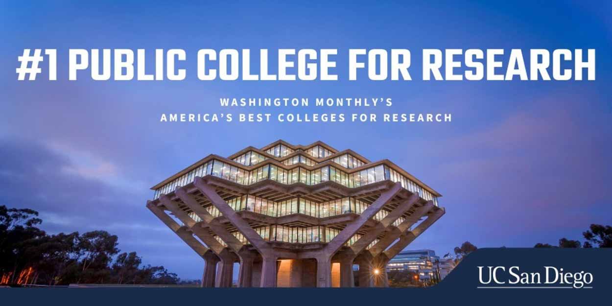 Banner of Geisel Library, text reads '#1 Public College for Research - Washington Monthly's America's Best Colleges for Research'